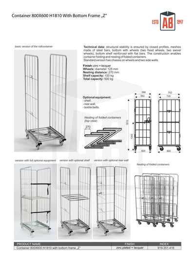 Conteneur 800x600 H1810 avec cadre Z en bas – Chariot roulant haut pour un stockage stable