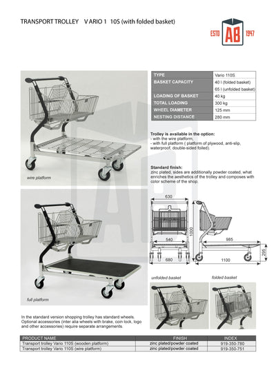 Vario 110S Chariot de transport – Chariot pliable avec plateforme en contreplaqué