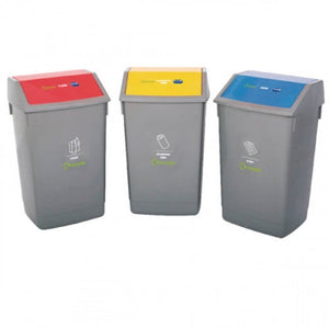 Recycling Bin Kit – 3 x 54L Swing Top Waste Bins with Coloured Flaps & Labels