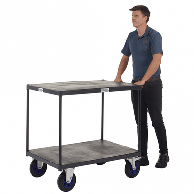 Heavy Duty 2 Shelf Tray Trolley, Steel & Timber Shelves, 600kg Load Capacity